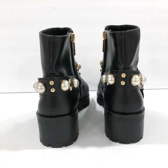 NWT Karl Lagerfeld Pixie Pearl Embellished Black Leather Moto Boots Booties - Picture 6 of 12